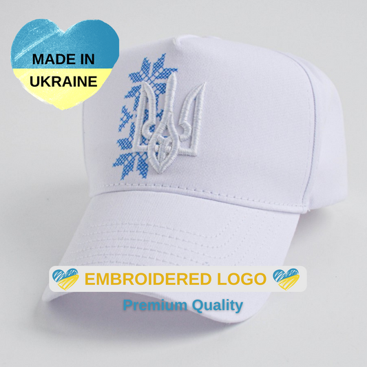 Ukrainian Baseball Hat with Trident Embroidery (White)