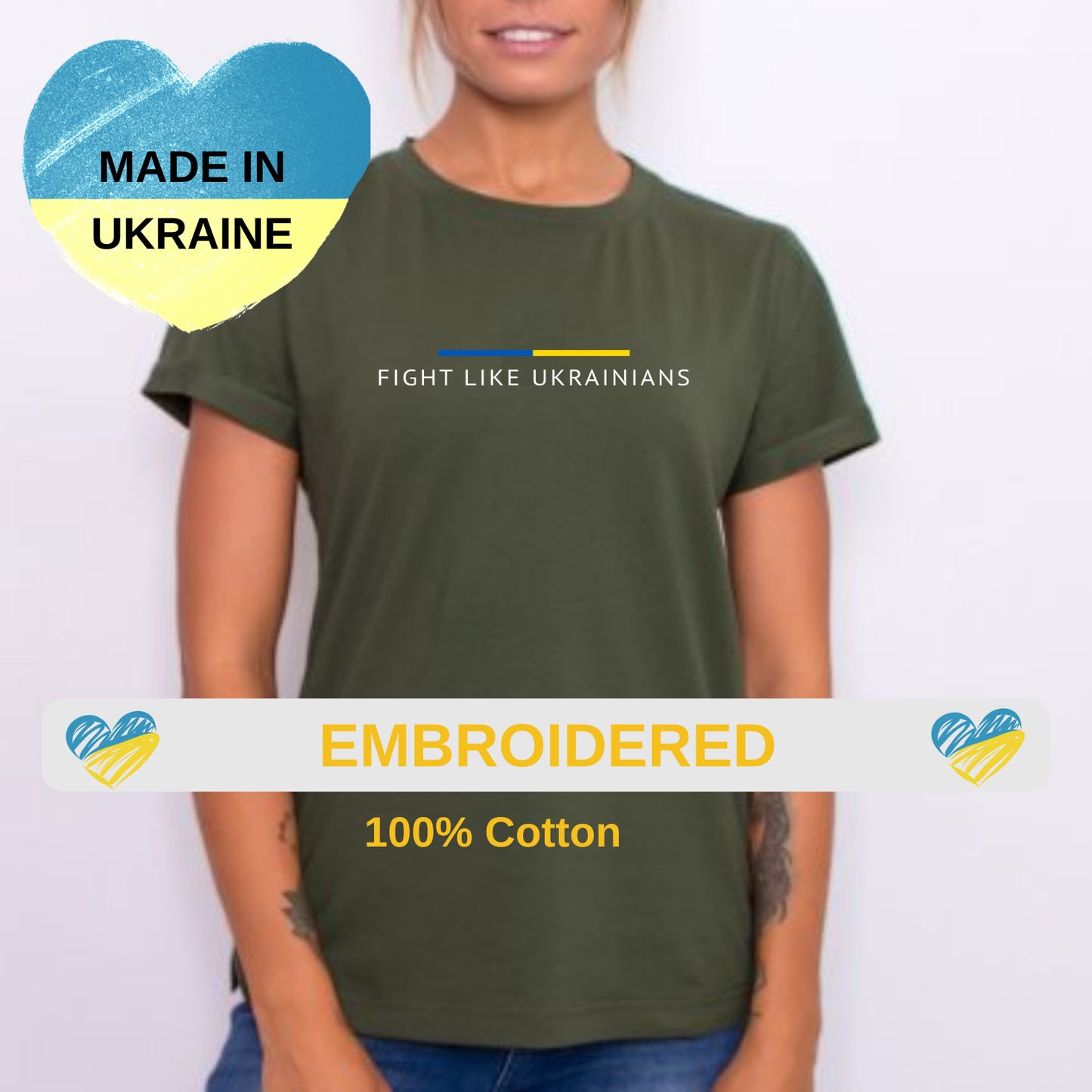 Zelensky Shirt with EMBROIDERED "Fight Like Ukrainians"  for WOMEN (футболка жін..)