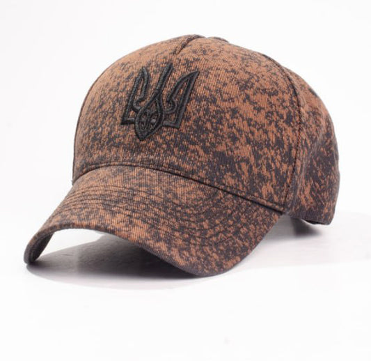 Brown Black Camo Baseball Cap with Ukrainian Trident Embroidery