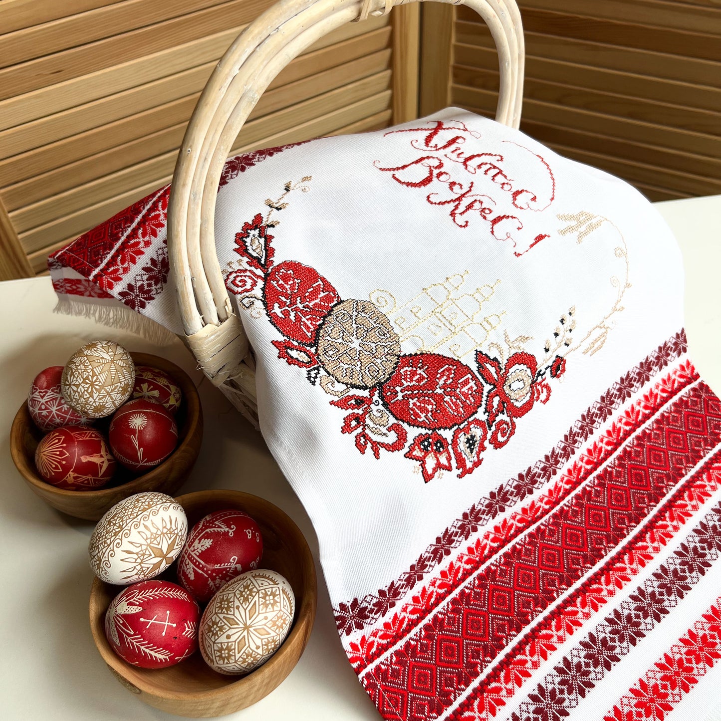 Ukrainian Easter Towel, Embroidered Rushnyk, White with Red Patterns, Perfect for Easter Basket or Table Decor