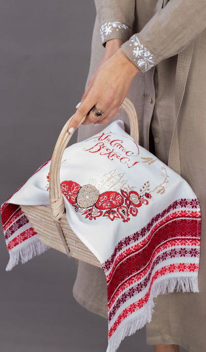 Ukrainian Easter Towel, Embroidered Rushnyk, White with Red Patterns, Perfect for Easter Basket or Table Decor