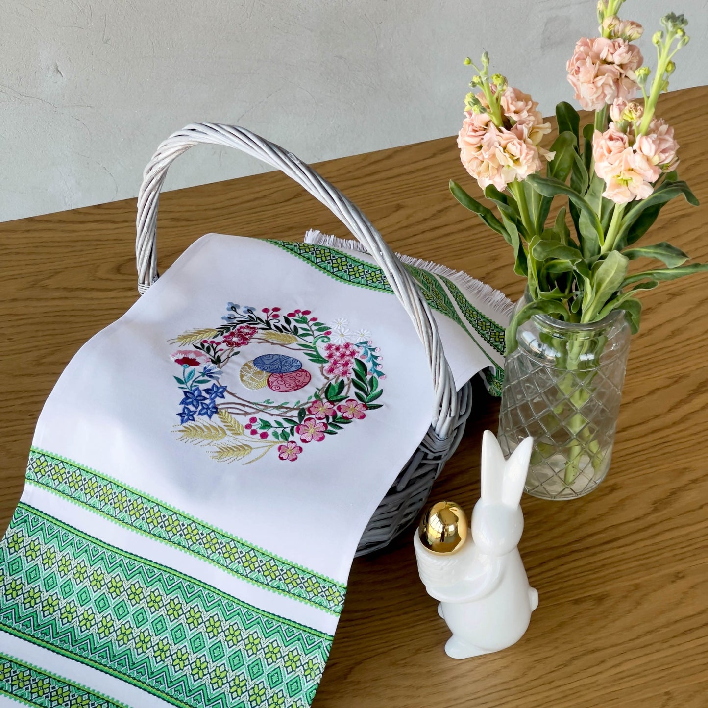 Ukrainian Easter Rushnyk, 80x31 cm Green Embroidered Towel for Pascha