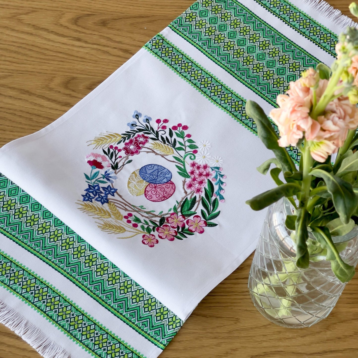 Ukrainian Easter Rushnyk, 80x31 cm Green Embroidered Towel for Pascha