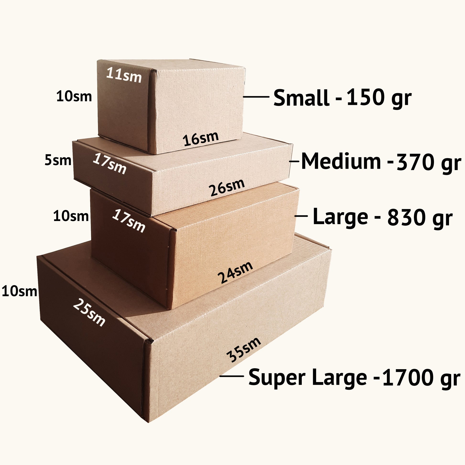 a stack of three boxes labeled with measurements