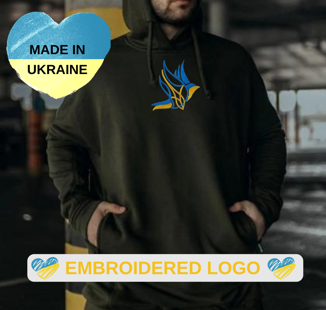 a man in a black hoodie with a ukraine flag on it