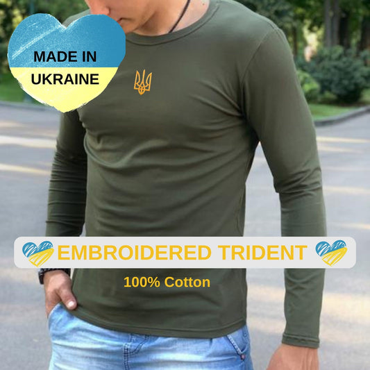 Zelensky Shirt long sleeve With Embroidered Ukrainian Tryzub from Ukraine Sellers | Ukraine T Shirt | Ukraine Symbol Embroidery