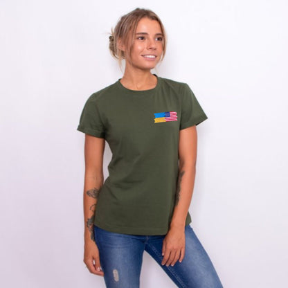 Womens Ukraine Shirt with American & Ukrainian Flag Embroidery (Футболка жін.)