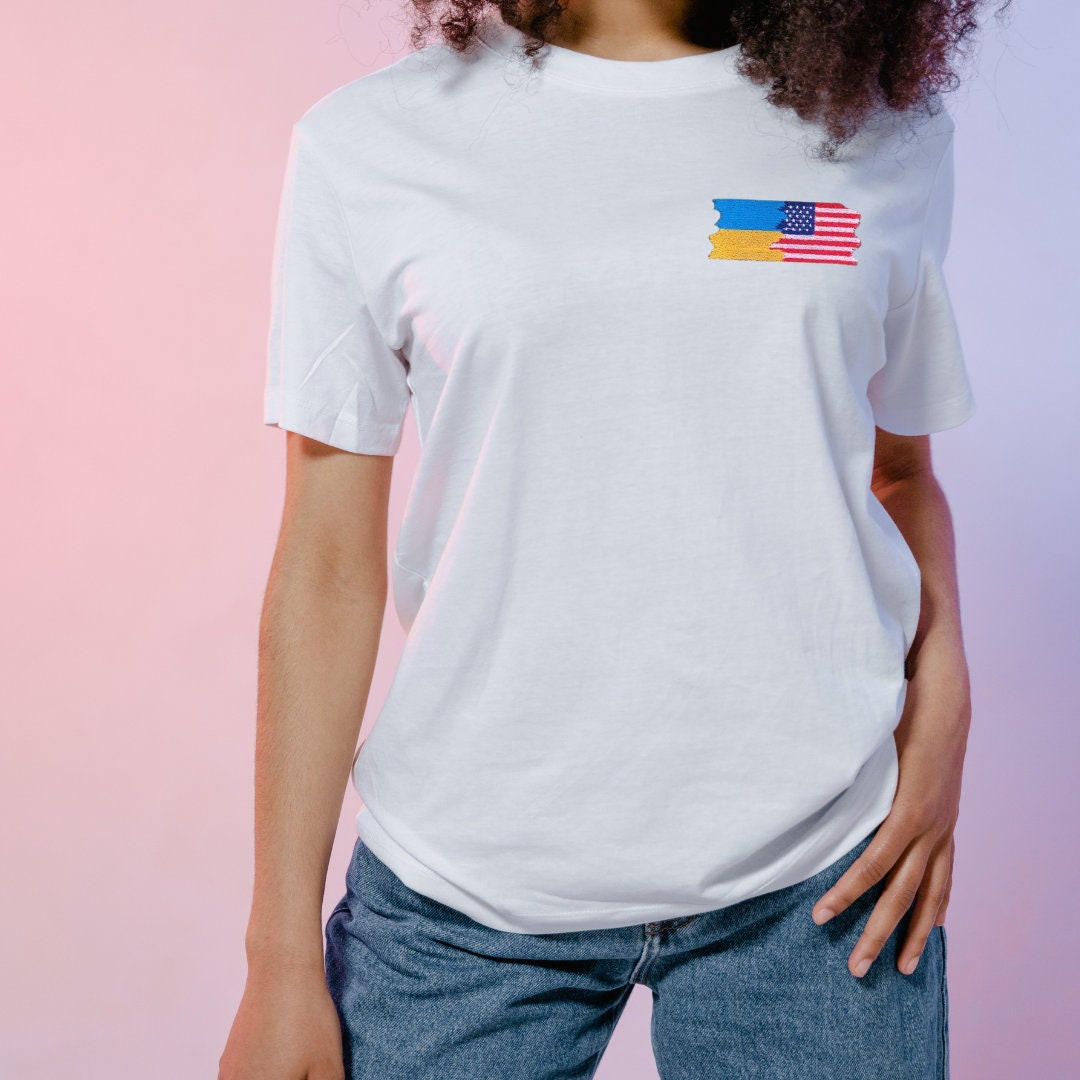 Womens Ukraine Shirt with American & Ukrainian Flag Embroidery