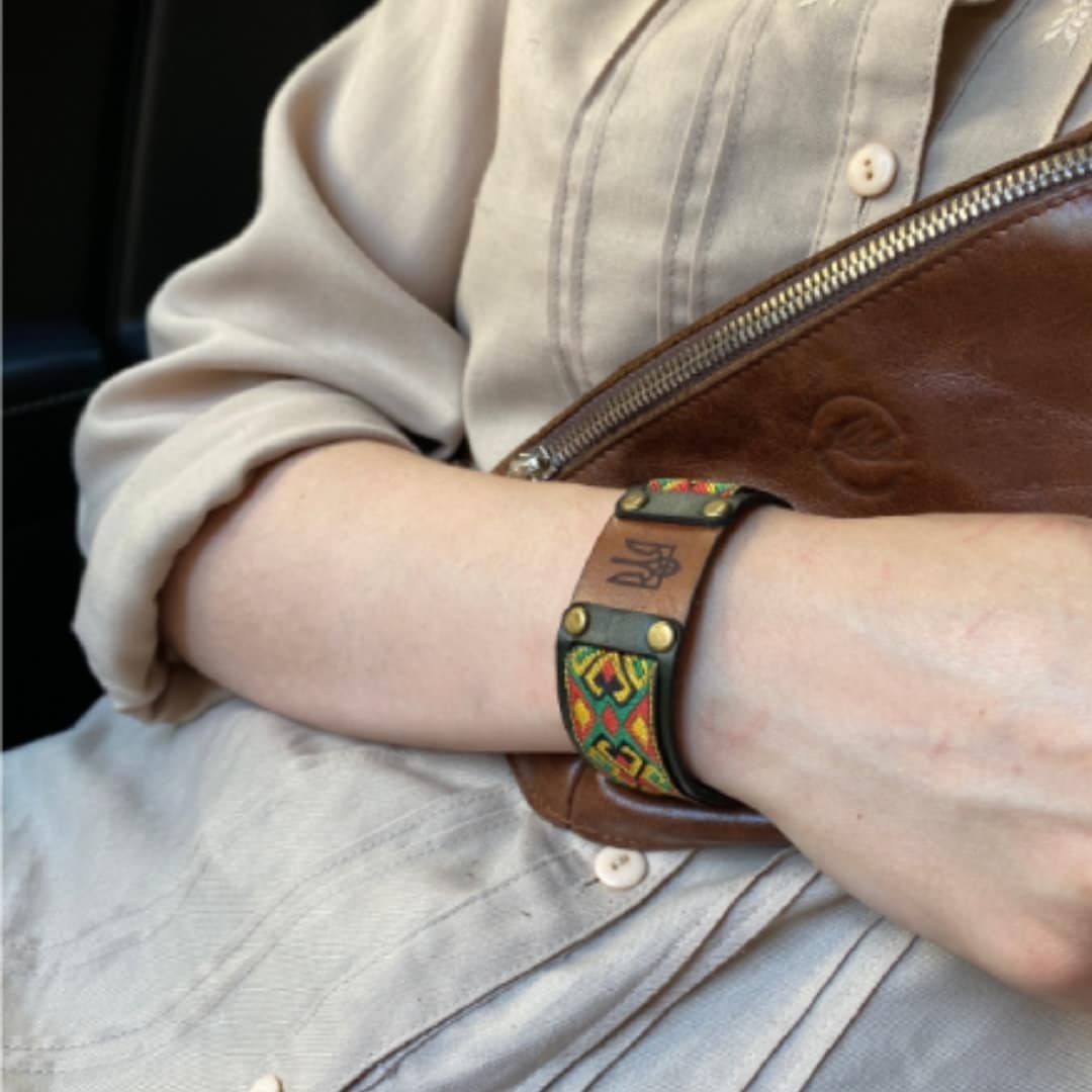 Handmade Ukrainian Leather Bracelet with Trident and Ukrainian Ornament