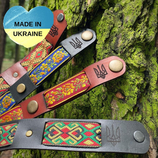 Ukrainian Bracelet Made of Genuine Leather with Embroidered Ornament