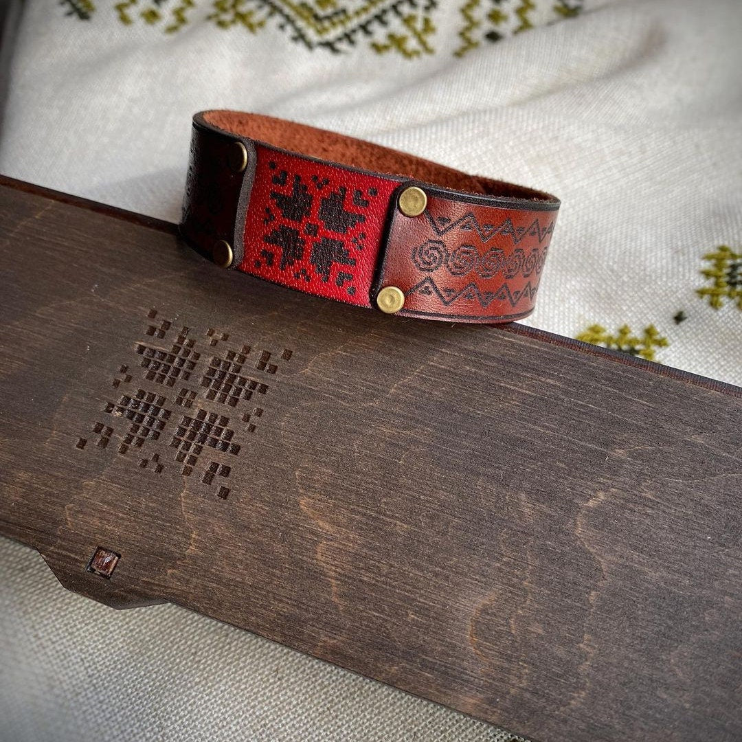 Leather Bracelet with Meaningful Ukrainian Ornament