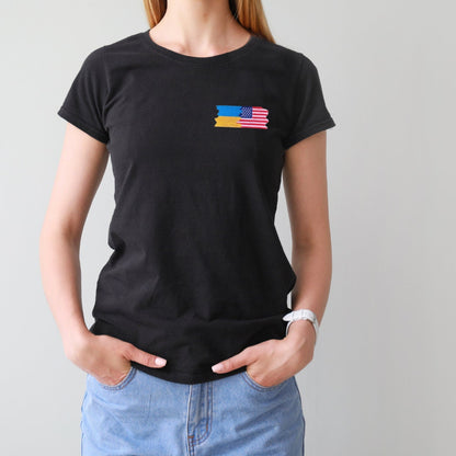 Womens Ukraine Shirt with American & Ukrainian Flag Embroidery (Футболка жін.)
