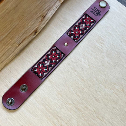 Ukrainian Bracelet Made of Genuine Leather with Embroidered Ornament  (Браслет)