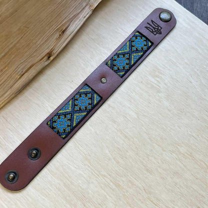 Ukrainian Bracelet Made of Genuine Leather with Embroidered Ornament  (Браслет)