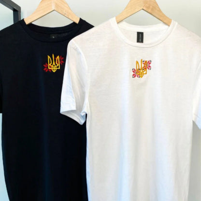 Ukrainian T Shirt with Embroidered Ukrainian Tryzub and Ornament (Футболка чол.)
