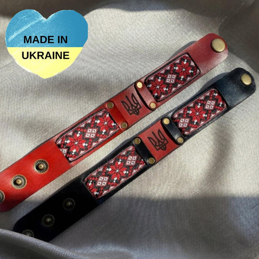 Handmade Ukrainian Leather Bracelet with Trident and Ukrainian Ornament