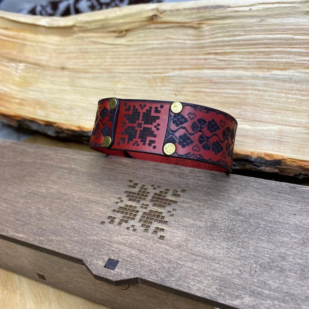 Leather Bracelet with Meaningful Ukrainian Ornament