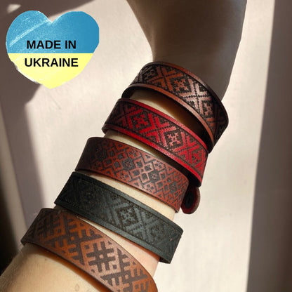 Handmade Leather Bracelet with Ukrainian Ornament (Браслет)