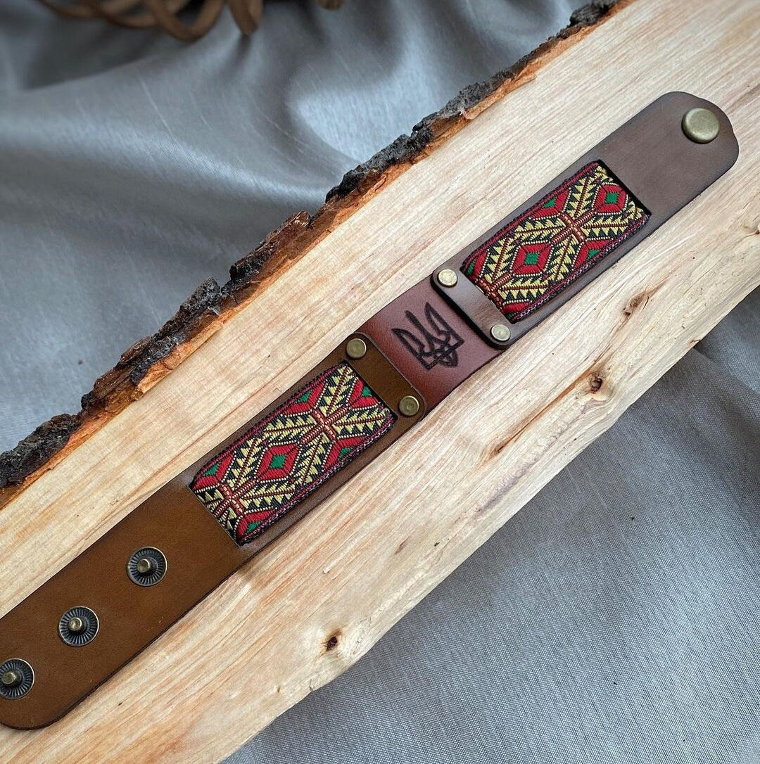 Handmade Ukrainian Leather Bracelet with Trident and Ukrainian Ornament