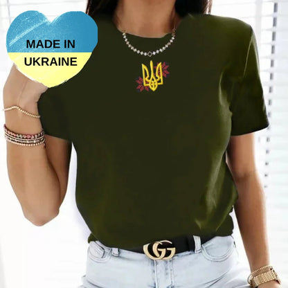Fashionable Women's Ukrainian T shirt with Embroidery and Trident (Футболка жін.)
