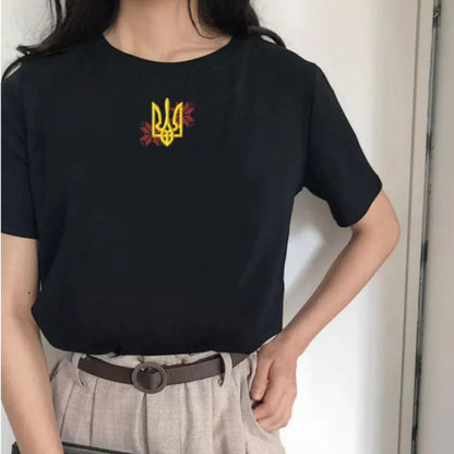 Fashionable Women's Ukrainian T shirt with Embroidery and Trident (Футболка жін.)