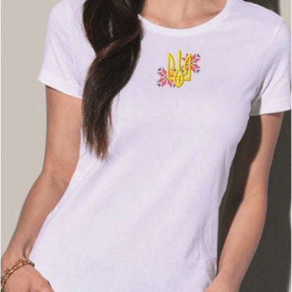 Fashionable Women's Ukrainian T shirt with Embroidery and Trident (Футболка жін.)