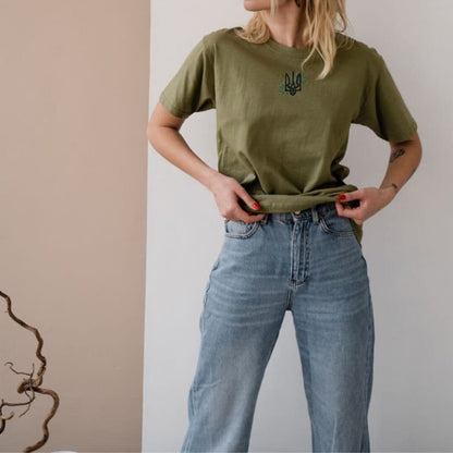 Fashionable Women's Ukrainian T shirt with Embroidery and Trident (Футболка жін.)
